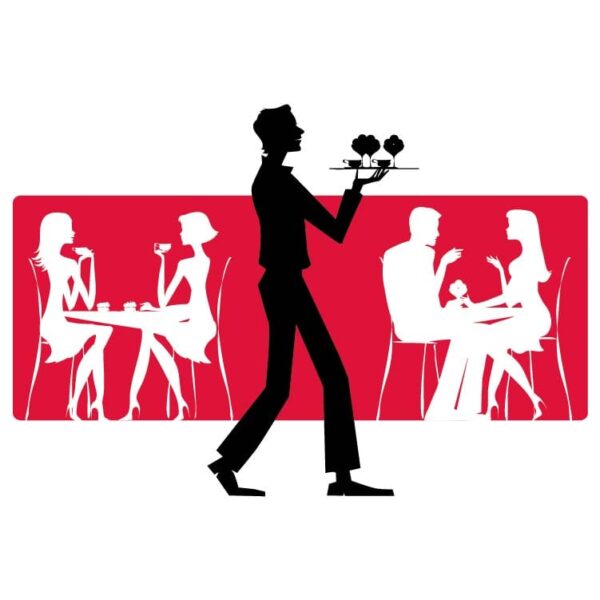 Cafe scene waiter holding tray with coffee