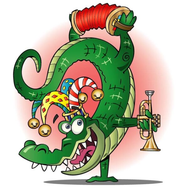 Cartoon alligator celebrating mardi gras with a jester hat trumpet and accordion