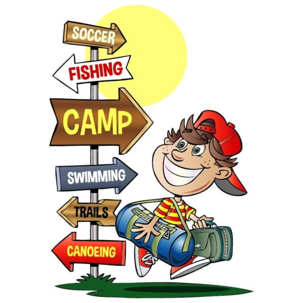 Cartoon boy running for soccer fishing swimming trails canoeing camp