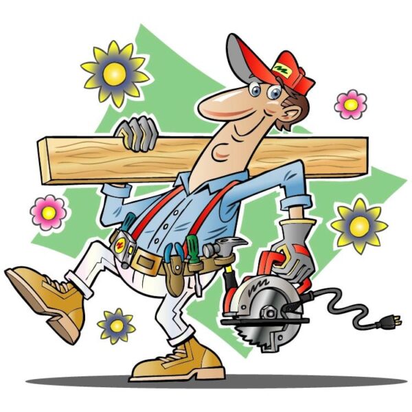 Cartoon carpenter carrying wooden boards on shoulder for make wooden furniture