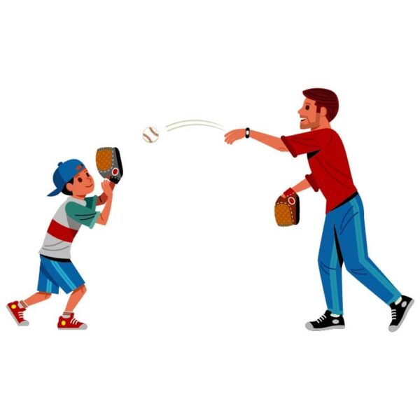 Cartoon father and son playing ball catch
