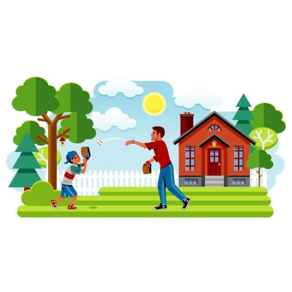 Cartoon father and son playing ball catch near house with green background