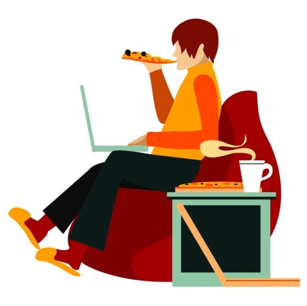 Cheerful young man enjoy eating pizza and working on laptop while sitting on sofa