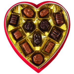 Chocolate candy in a heart shaped box