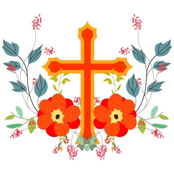 Christian symbol cross made of painted flower floral elements