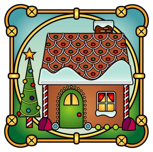 Colorful house with christmas tree in frame