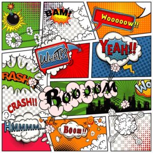 Comic book page divided by lines with speech bubbles sounds effect retro background