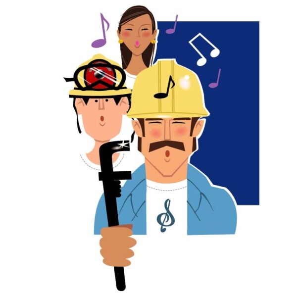 Construction workers cartoons with music icon