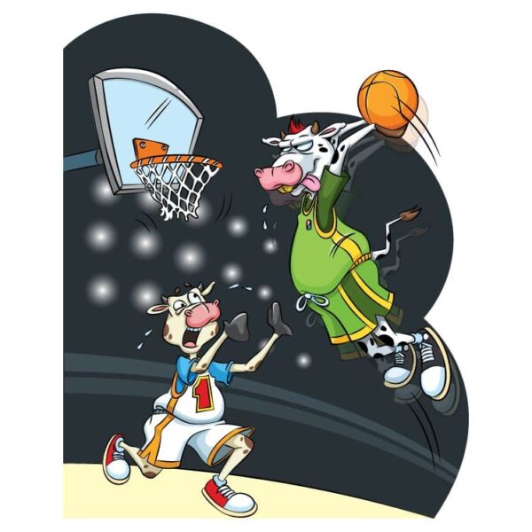 Cows play basketball dunk with dark background