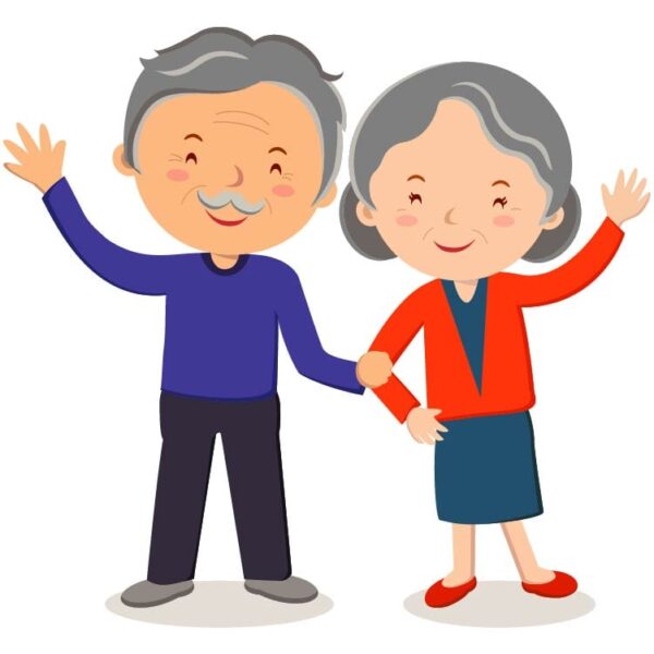 Cute elderly couple flexing arms showing