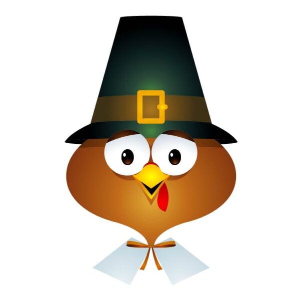 Cute pilgrim turkey bird cartoon character with green cap