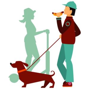 Cute young man walking the dog holding roll in hand and woman riding electric scooter