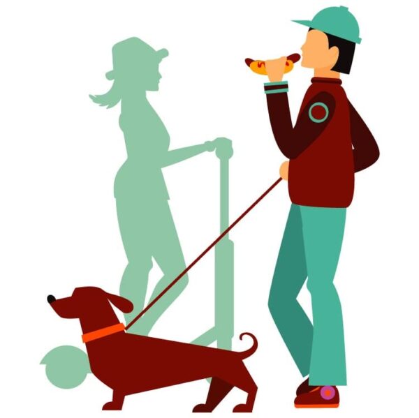 Cute young man walking the dog holding roll in hand and woman riding electric scooter