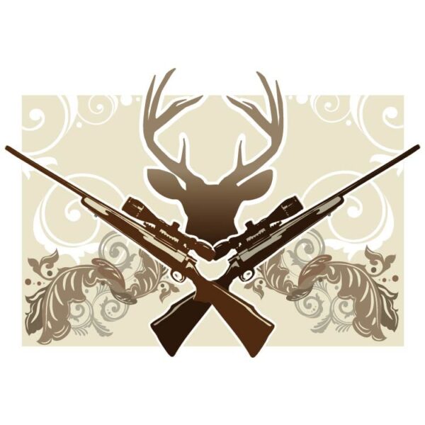 Deer skull and hunting rifles with flourish