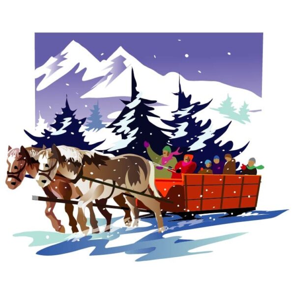 Family in sleigh pulled by horse in park or forest during winter holiday