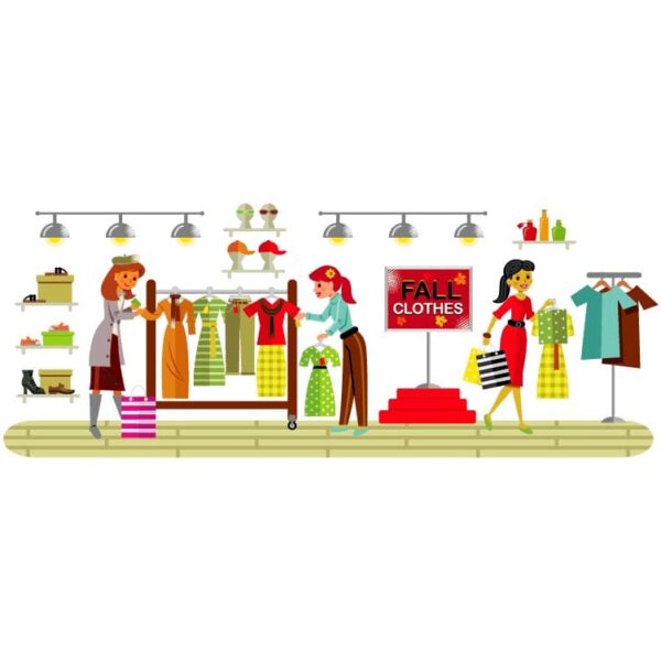 Fashion clothing store for women template hand drawn illustration with shopping cloth or dresses