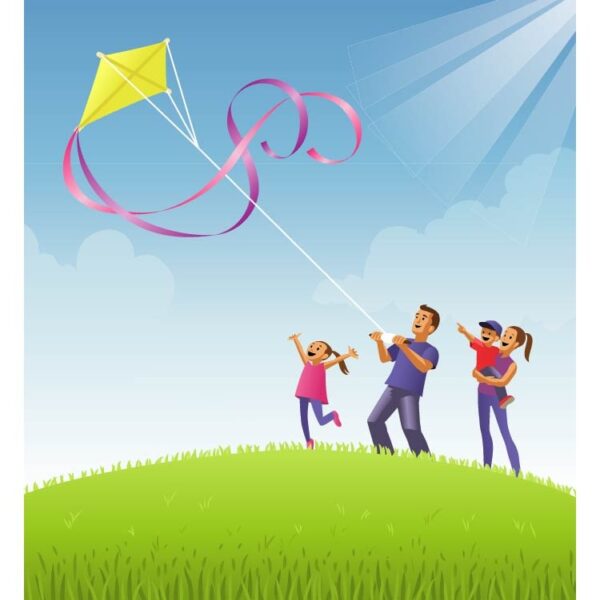 Father with her daughter flying kite playing outdoor with son and wife whole family