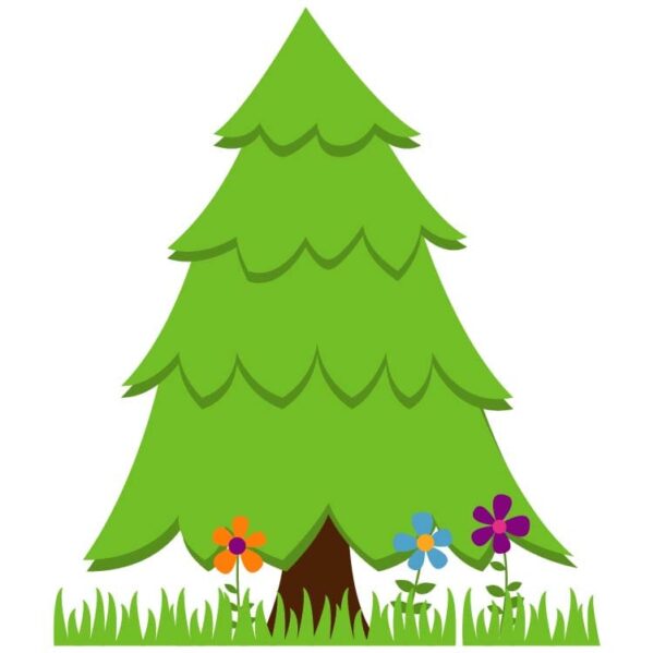 Fir evergreen tree christmas and new year symbol traditional holiday decoration with colorful flower and grass