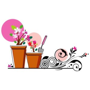 Flowers in pots with shovel and artificial flowers