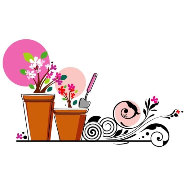 Flowers in pots with shovel and artificial flowers