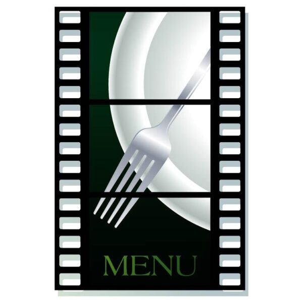 Food video and cooking movie clapper concept or streaming culinary course concept with restaurant menu theme