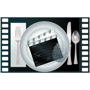 Food video and cooking movie clapper concept or streaming culinary course concept with restaurant theme