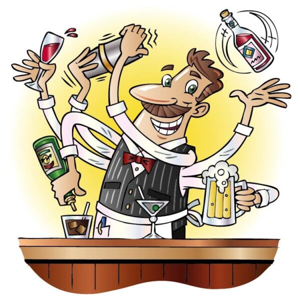 Funny cartoon barman character juggles bottles