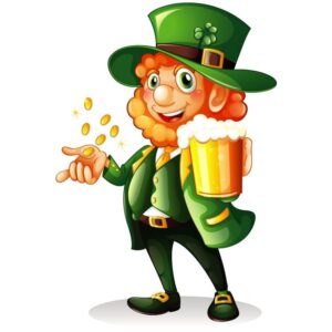 Funny leprechaun throwing coins and drinking beer happy saint patricks day