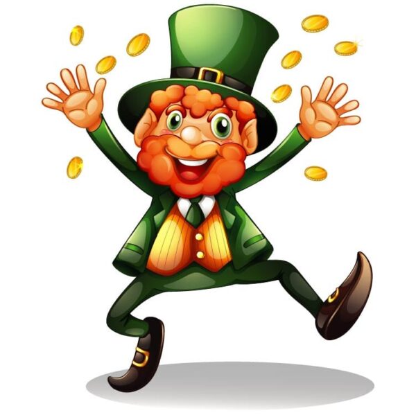 Funny leprechaun throwing coins and enjoying happy saint patricks day