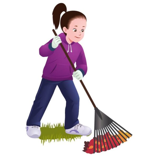 Girl raking leaves or garden clean
