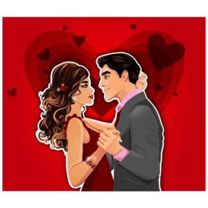 Glamorous lady long hair dancing with man and red background