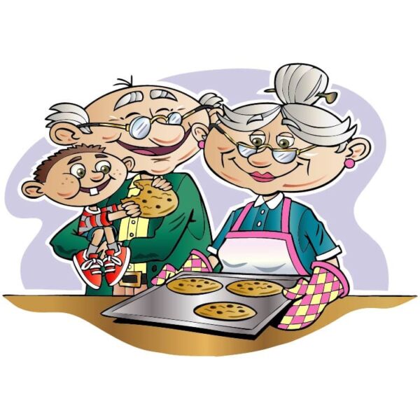 Grandma holding cookies in a chef dress and Grandpa holding boy with boy eating cookies