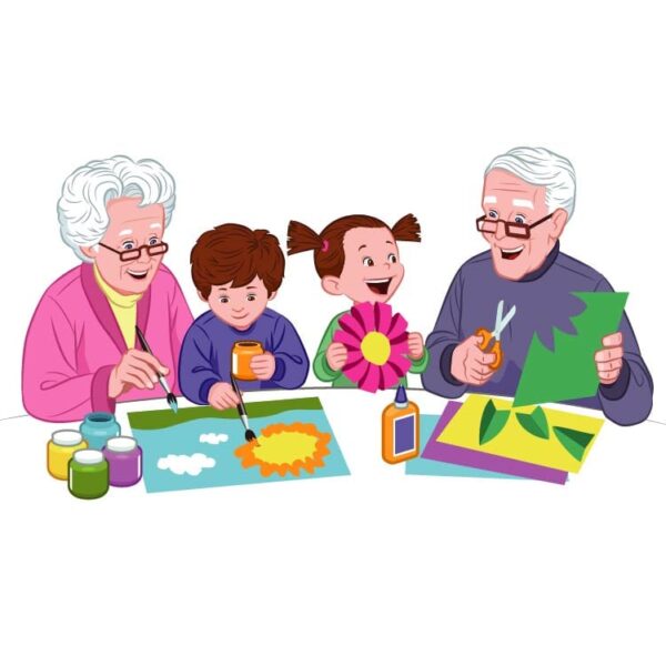 Grandpa or grandmother learning drawing to children