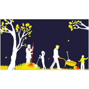 Grandparents with children cleaning garden or raking leave silhouette illustration