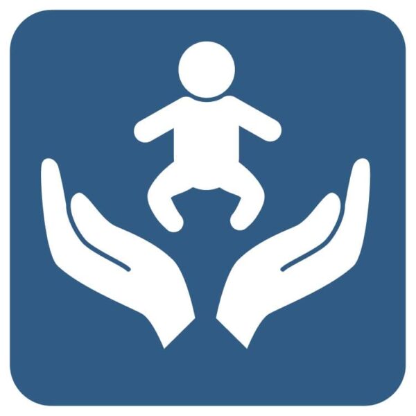 Hands holding child icon with baby protection