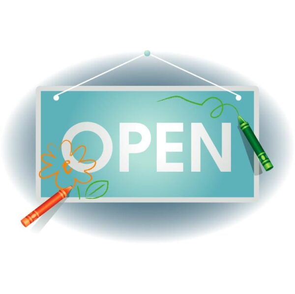 Hanging open sign board with colored pencil