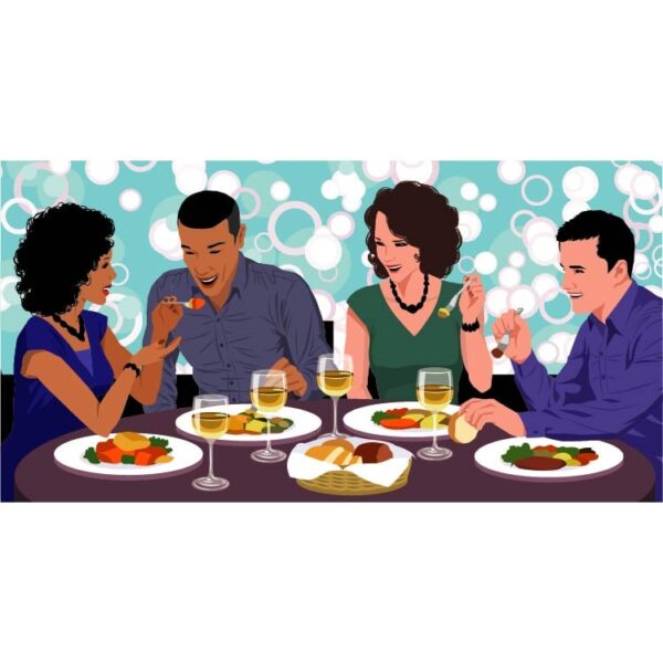 Happy couple lovers man and woman sharing the food at dinner table with bubble background