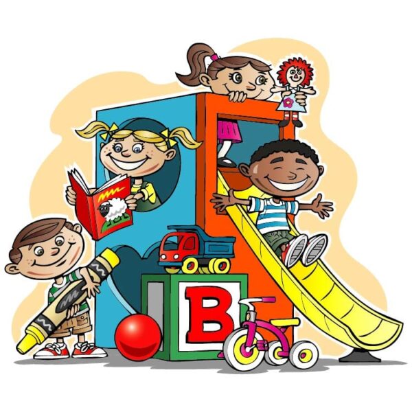 Happy cute cartoon school children with concept design for children education