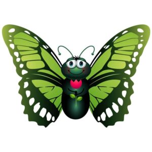 Happy green butterfly holding flower