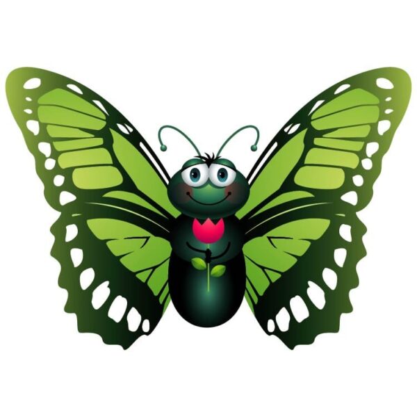 Happy green butterfly holding flower