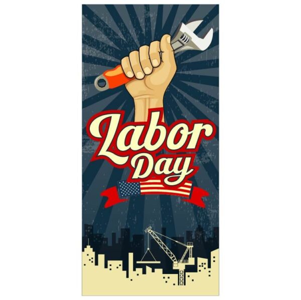 Happy labor day with accessories in labor hand and USA flag