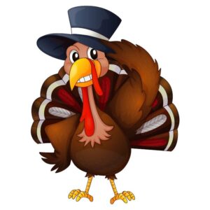 Happy thanksgiving day funny cartoon character turkey bird in pilgrim hat