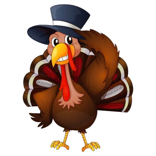 Happy thanksgiving day funny cartoon character turkey bird in pilgrim hat