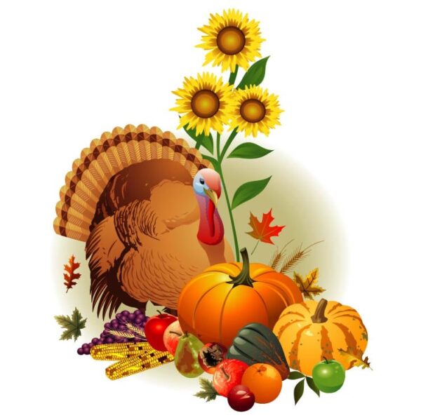 Happy thanksgiving day with turkey bird vegetable fuits and sunflower theme