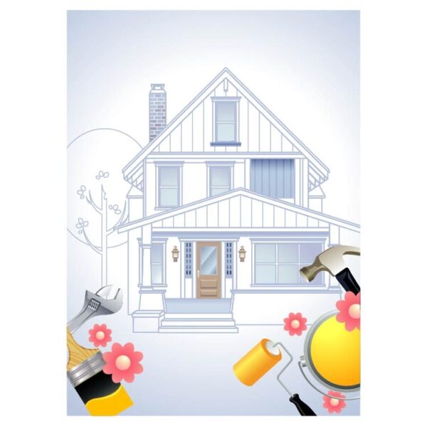 Home renovation or repair illustration with construction tools laying floor tiles and painting wall