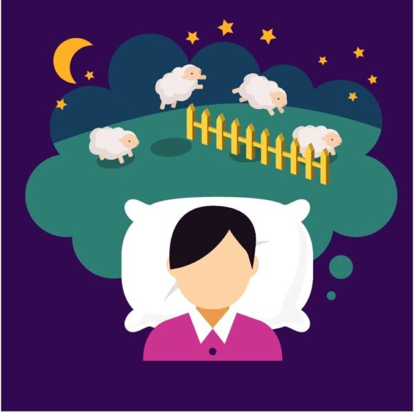 Insomnia and sleep disorders woman on bed with pillow and sheeps