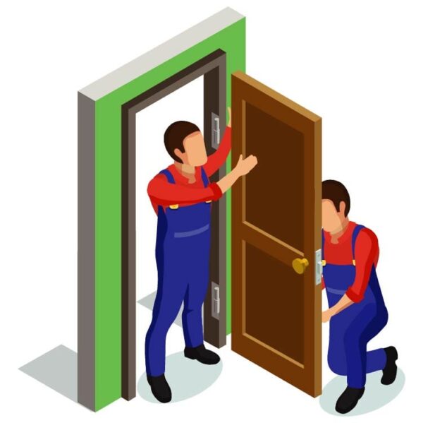 Installing new door composition or Workers in uniforms install doors