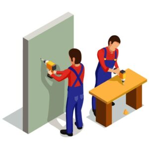 Installing wood frame on wall composition or Workers in uniforms install wood frame on walls