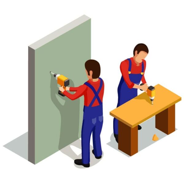 Installing wood frame on wall composition or Workers in uniforms install wood frame on walls