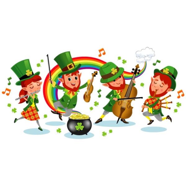 Leprechaun boy and girl playing flute violin bagpipes saint patricks day